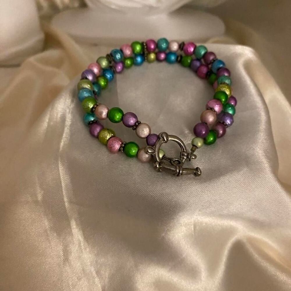 Vintage Pastel Faux Pearl Beaded Bracelet Double Strand Toggle Clasp